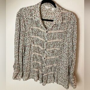 J Jill Women’s 2x Lightweight Long Sleeve Button Up Spring Floral Lace Blouse